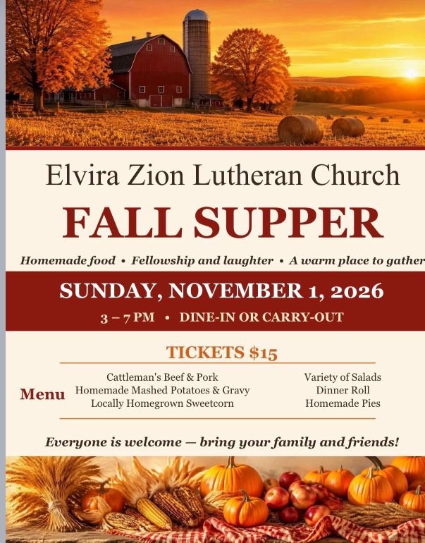 Elvira Zion Fall Supper flyer, November 1, 2026. Menu: Cattleman's beef and pork, homemade mashed potatoes and gravy, locally homegrown sweetcorn, salads, dinner roll, and homemade pies.